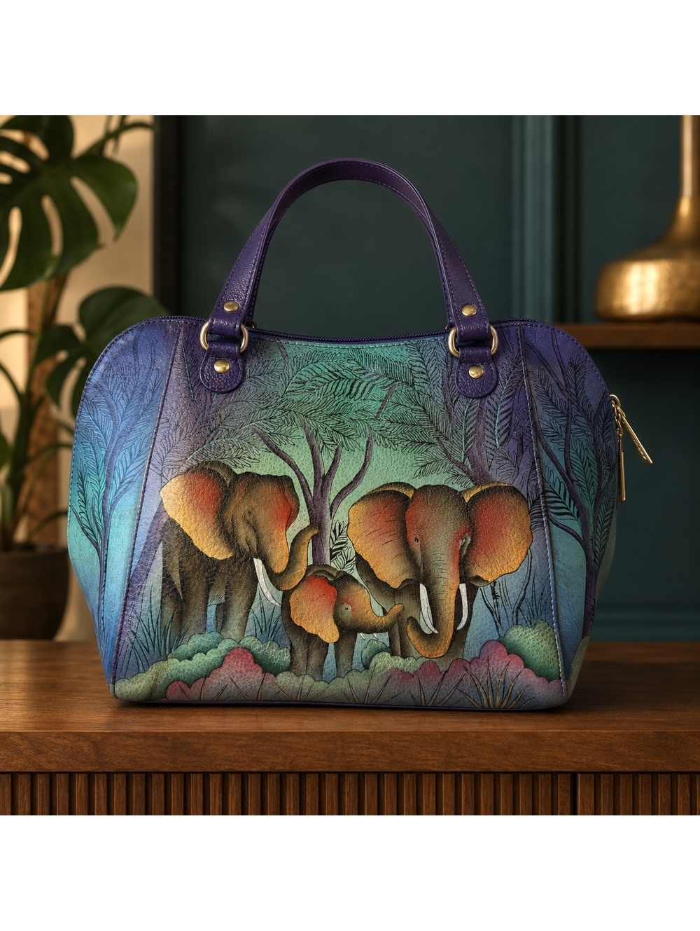 NWT Anna by Anuschka 7557-EFY Hand-Painted Leather Elephant Family Hobo Bag